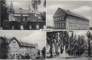 Postkarte, zur Verfügung gestellt von Andreas Friedsam, zeigt die Kirche, Schule, das Kloster und das Ehrenmal am Rosellenplatz